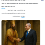 صور من الحملة الرقمية تجمع علم إسرائيل بالعلم الإيراني الملكي - وتحوّل رمز الأسد من اسم عملية عسكرية إلى إشارة بصرية مرتبطة بسردية عودة الملكية. 
