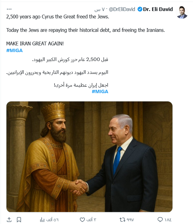 صور من الحملة الرقمية تجمع علم إسرائيل بالعلم الإيراني الملكي - وتحوّل رمز الأسد من اسم عملية عسكرية إلى إشارة بصرية مرتبطة بسردية عودة الملكية. 
