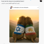 صور من الحملة الرقمية تجمع علم إسرائيل بالعلم الإيراني الملكي - وتحوّل رمز الأسد من اسم عملية عسكرية إلى إشارة بصرية مرتبطة بسردية عودة الملكية. 
